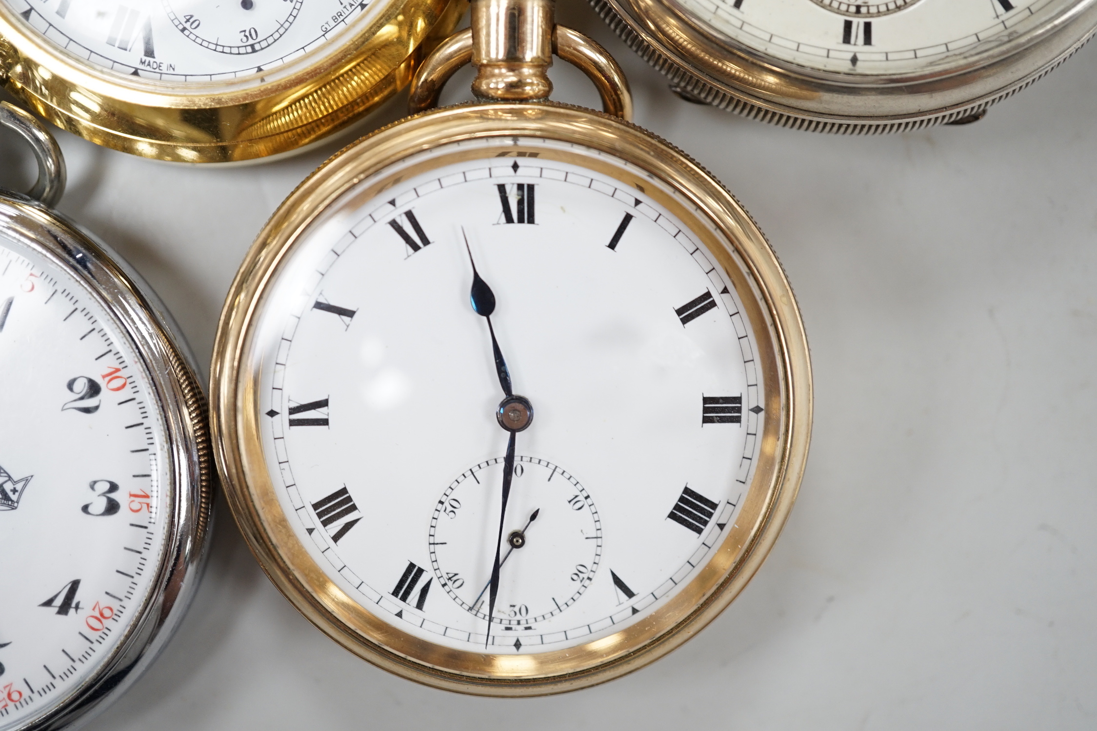 Eleven assorted silver or base metal pocket watches including Cymrex, Sun-Dial with decorated case and silver half hunter.